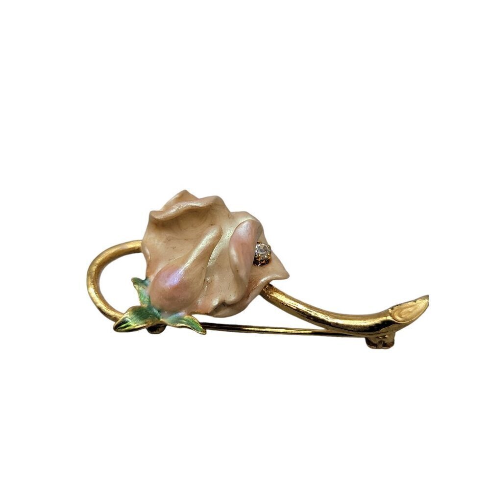 Joan Rivers 1980s Soft Pink Enamel Flower Brooch Swarovski Crystal Accent VTG